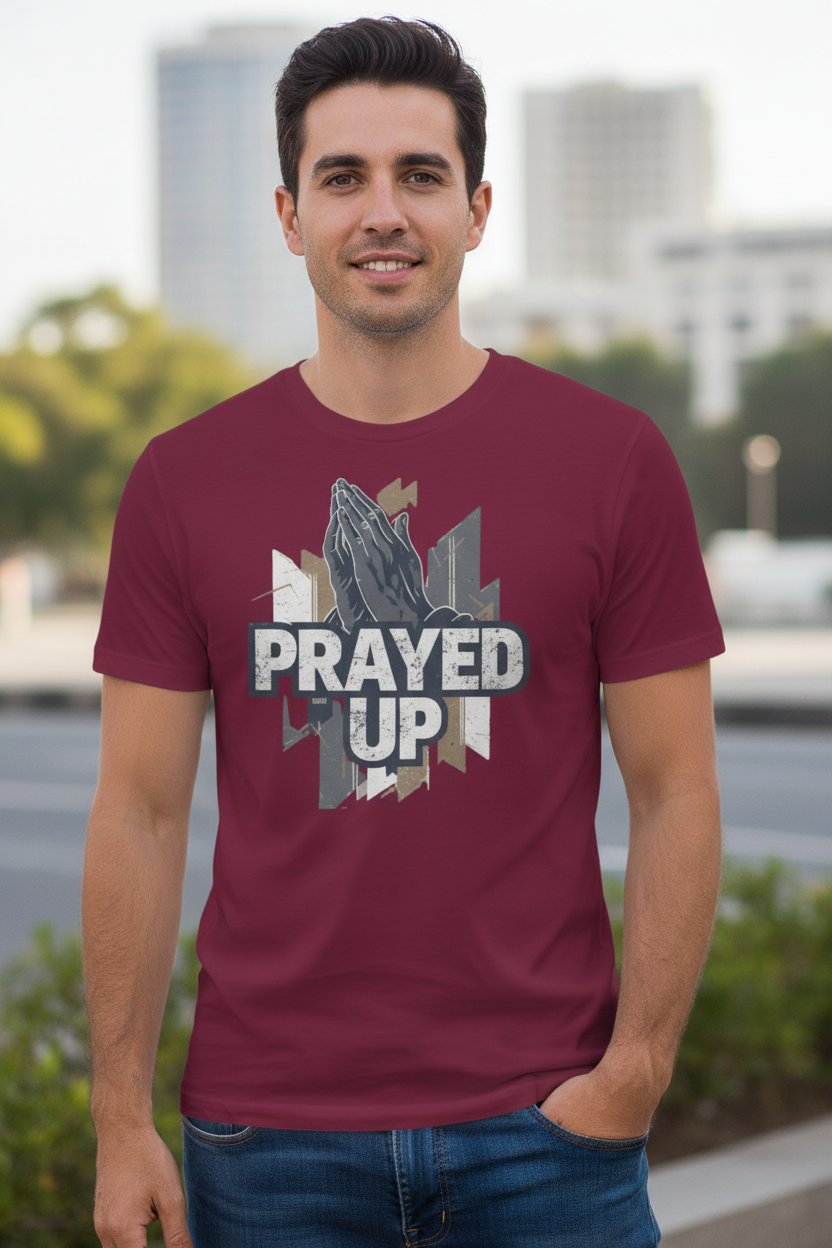 Man wearing maroon Prayed Up t-shirt