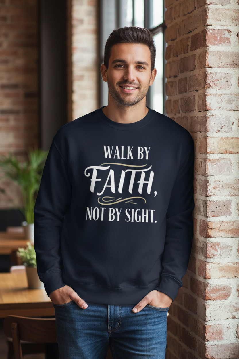 Man wearing navy blazer Walk By Faith sweatshirt