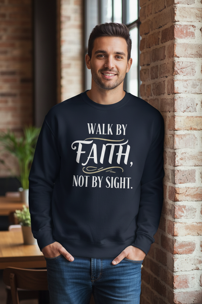 Man wearing navy blazer Walk By Faith sweatshirt