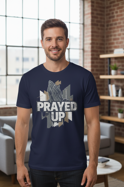 Man wearing navy Prayed Up t-shirt