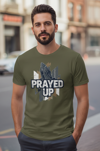 Man wearing Prayed Up t-shirt