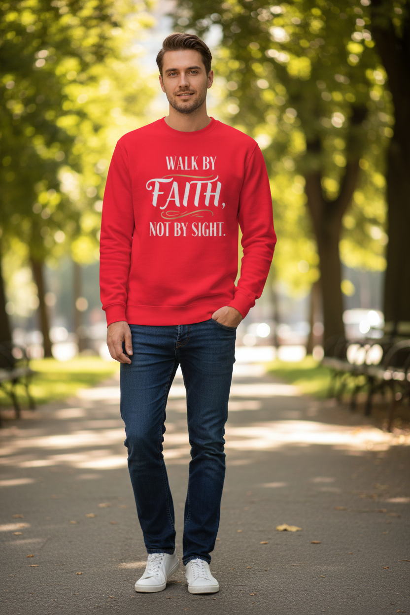 Man wearing red Walk By Faith sweatshirt