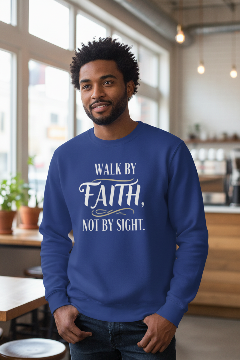 Man wearing royal blue Walk By Faith sweatshirt