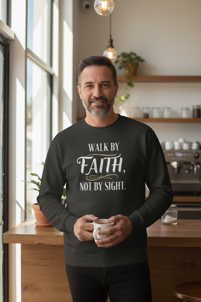 Man wearing vintage black Walk By Faith sweatshirt