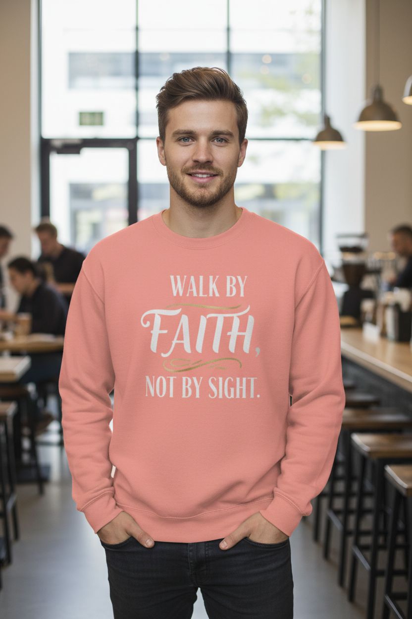 Man wearing Walk By Faith sweatshirt - front view