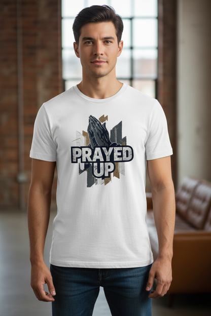 Man wearing white Prayed Up t-shirt