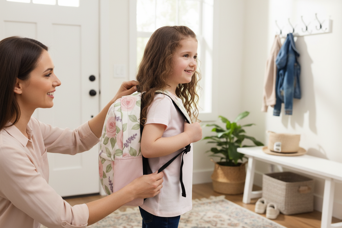 Parent helping child with floral backpack
