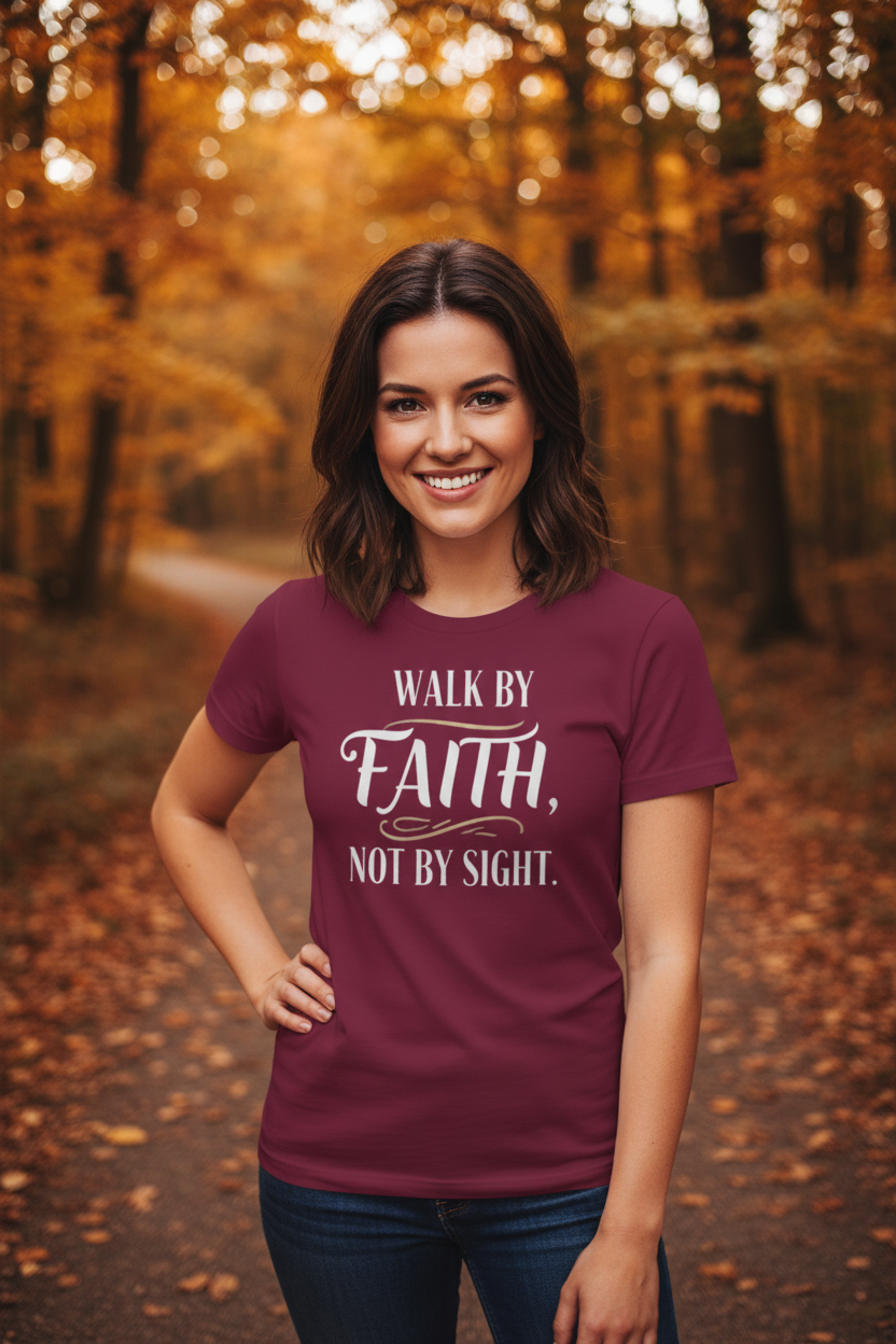 Woman in natural setting wearing maroon Walk by Faith T-shirt