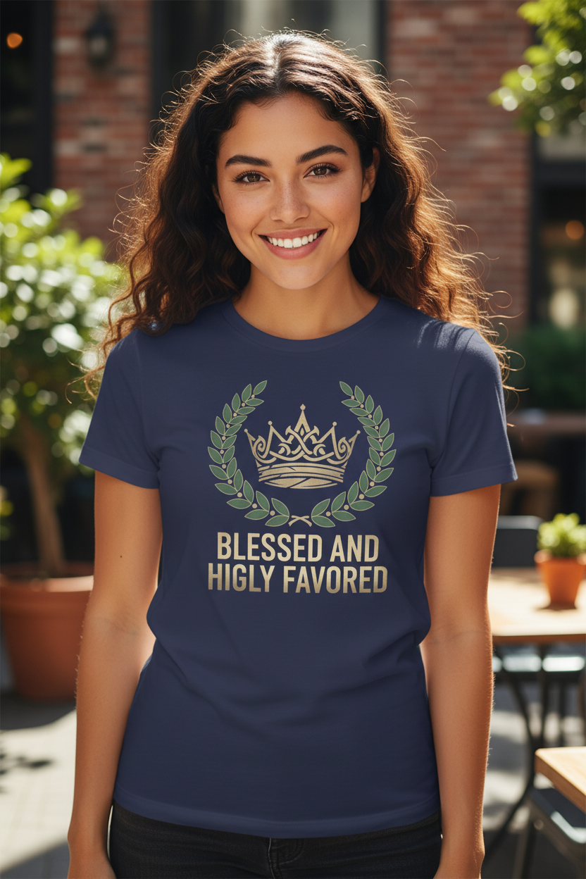Woman smiling at camera wearing Blessed and Highly Favored t-shirt in navy - front view