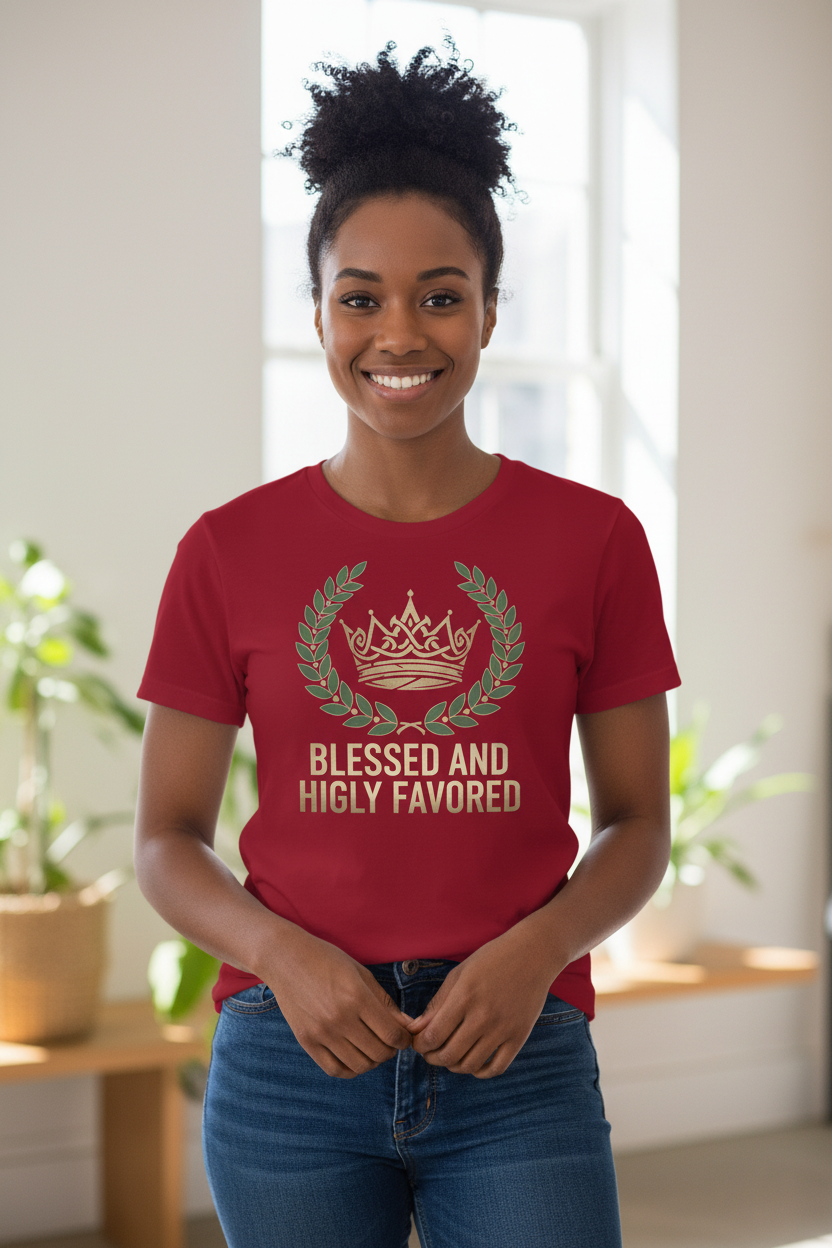 Woman smiling wearing Blessed and Highly Favored t-shirt in cardinal red - front view