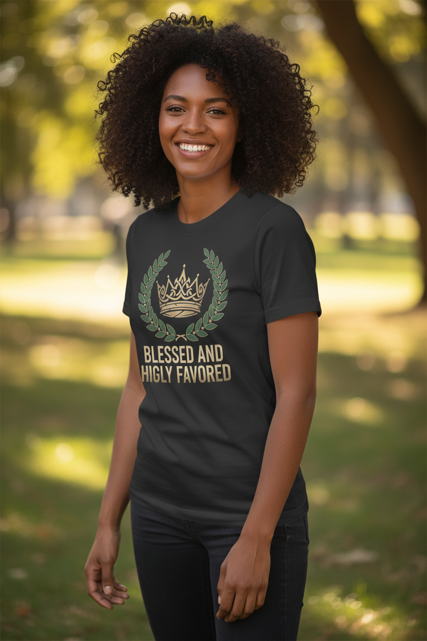 Woman smiling wearing Blessed and Highly Favored t-shirt in dark grey - angle view