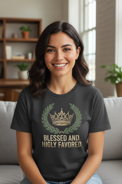 Woman smiling wearing Blessed and Highly Favored t-shirt in dark grey - front view