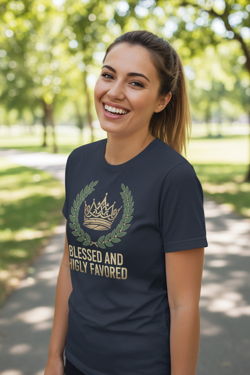 Woman smiling wearing Blessed and Highly Favored t-shirt in heather navy - angle view