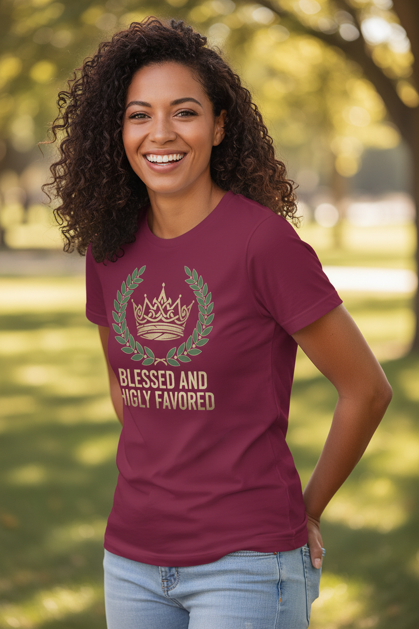 Woman smiling wearing Blessed and Highly Favored t-shirt in maroon - angle view