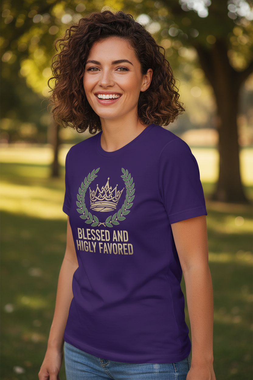 Woman smiling wearing Blessed and Highly Favored t-shirt in team purple - angle view