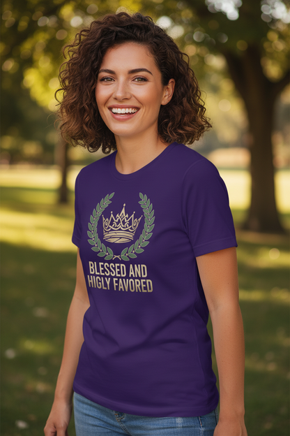 Woman smiling wearing Blessed and Highly Favored t-shirt in team purple - angle view