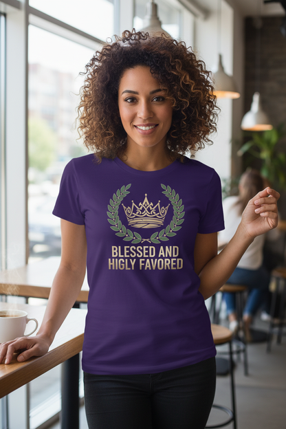 Woman smiling wearing Blessed and Highly Favored t-shirt in team purple - front view