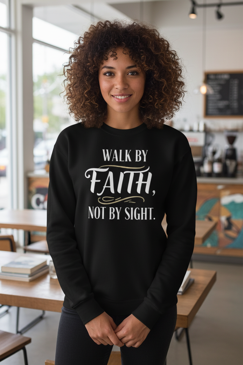 Woman wearing black Walk By Faith sweatshirt