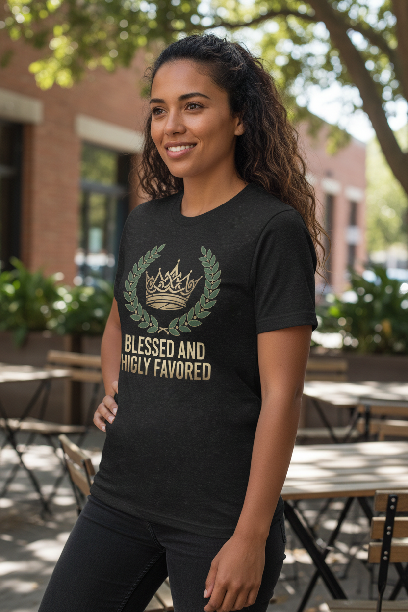 Woman wearing Blessed and Highly Favored t-shirt - angle view