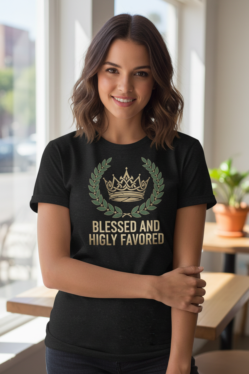 Woman wearing Blessed and Highly Favored t-shirt - front view