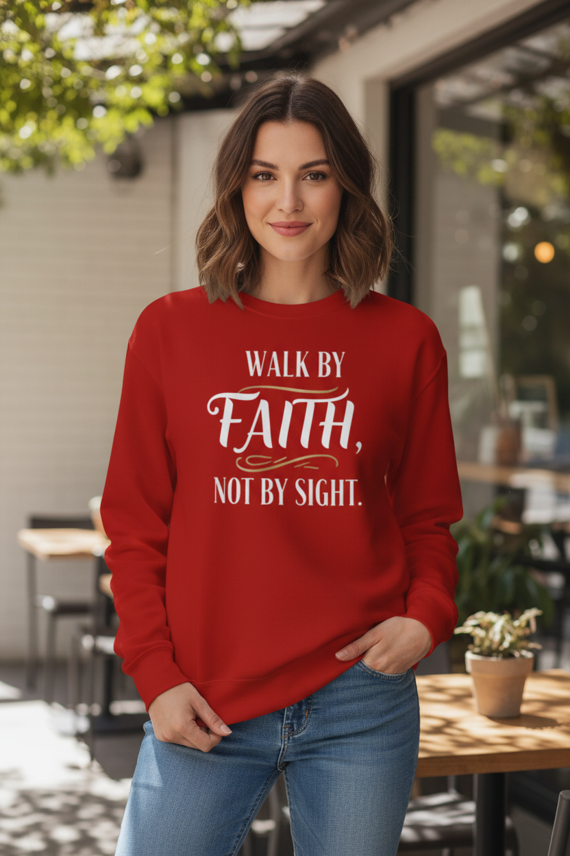 Woman wearing cardinal red Walk By Faith sweatshirt