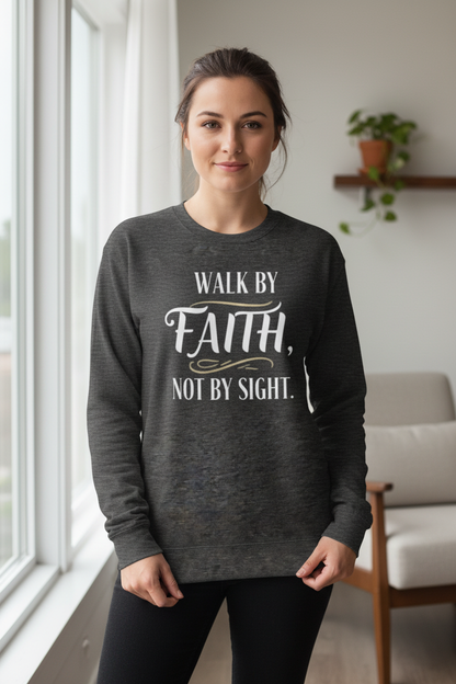 Woman wearing charcoal heather Walk By Faith sweatshirt