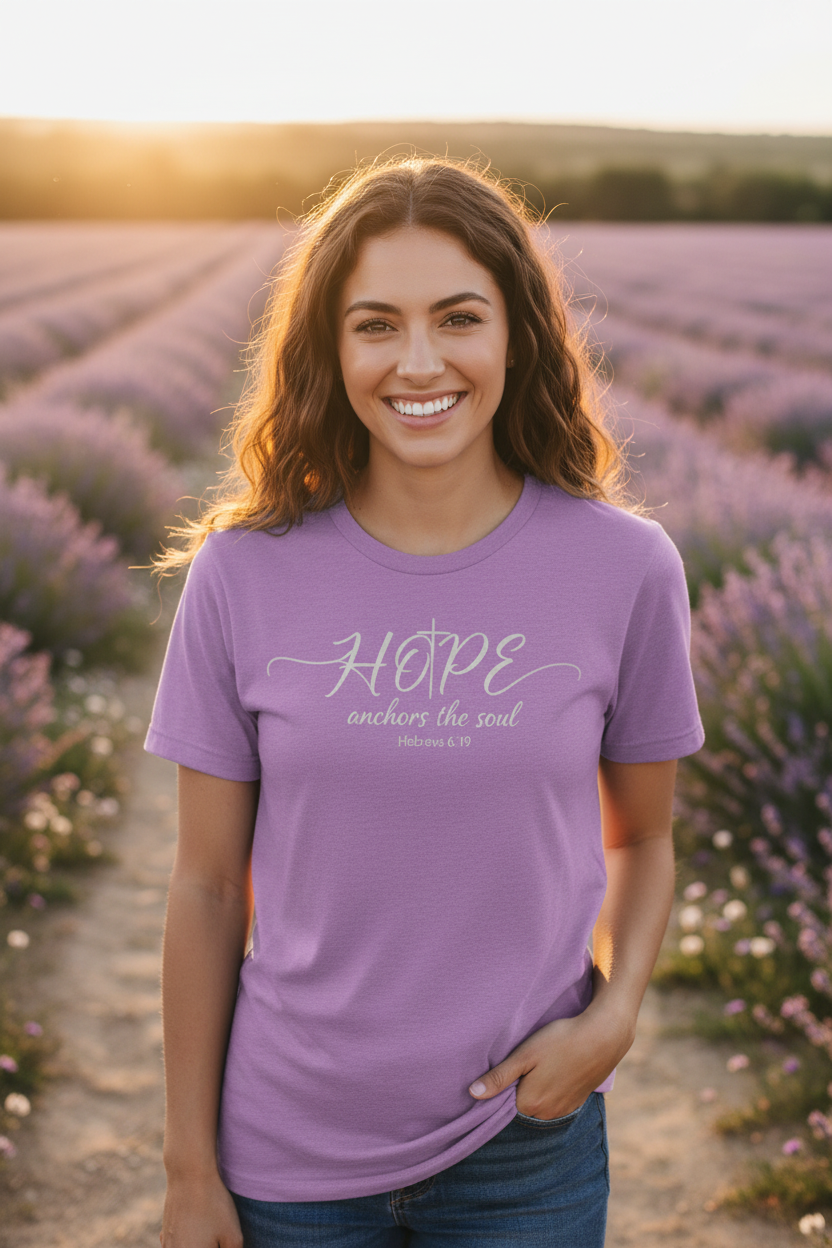 Woman wearing heather team purple Hope anchors the soul T-shirt