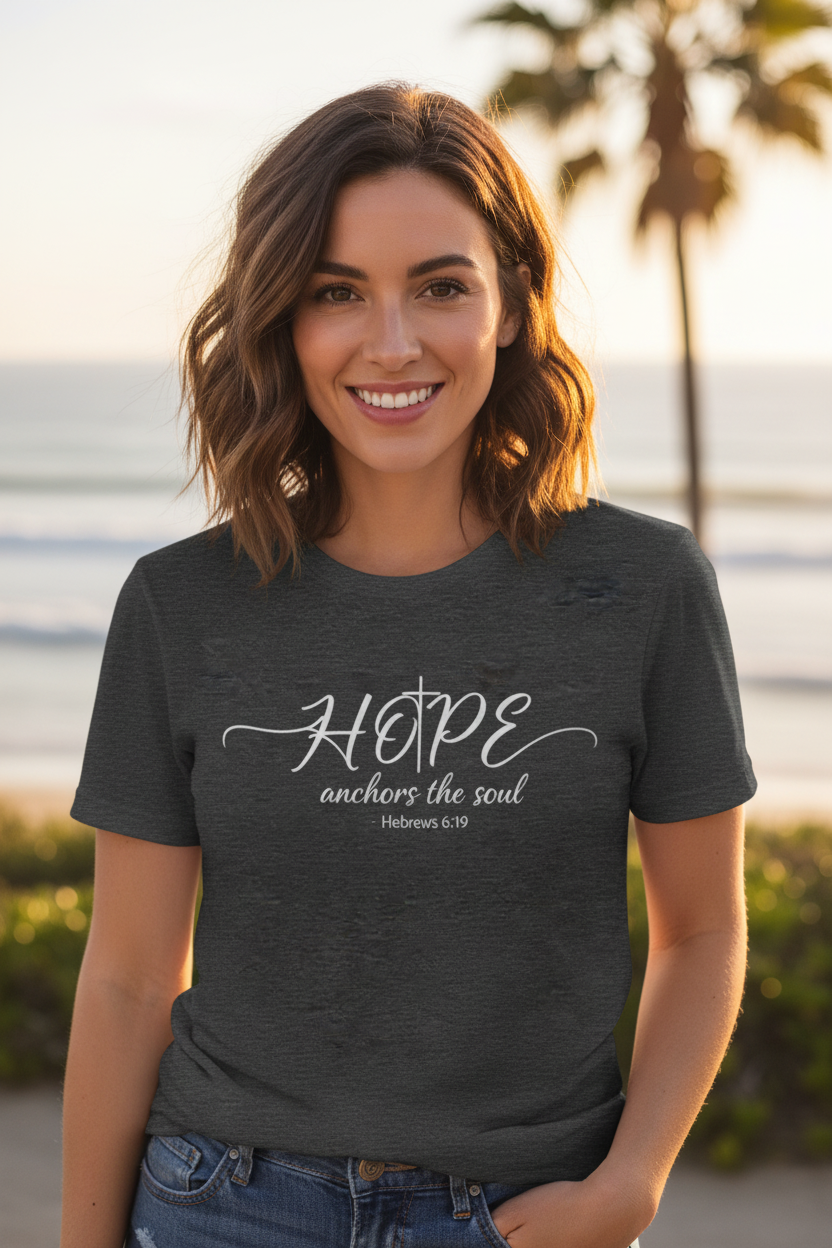 Woman wearing Hope anchors the soul T-shirt