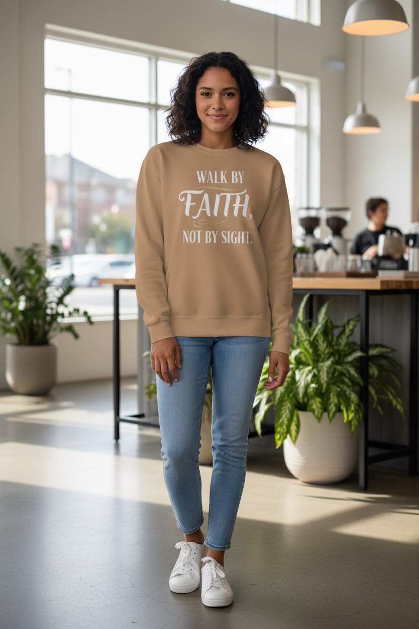 Woman wearing latte Walk By Faith sweatshirt