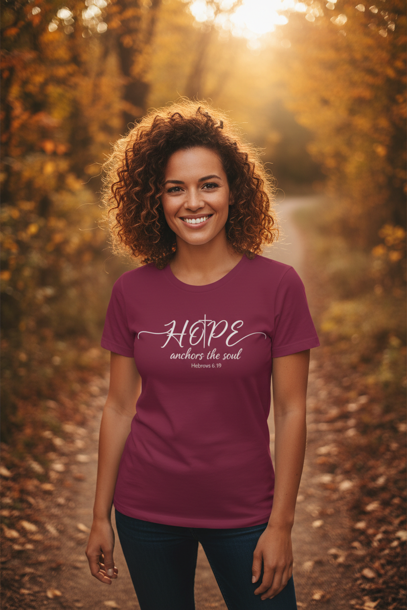 Woman wearing maroon Hope anchors the soul T-shirt