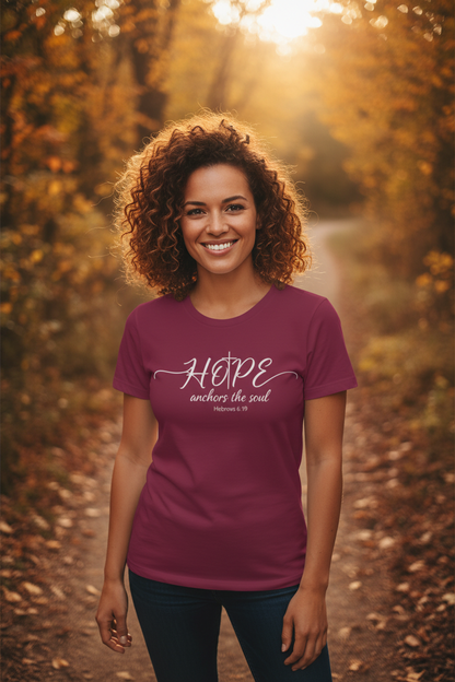 Woman wearing maroon Hope anchors the soul T-shirt