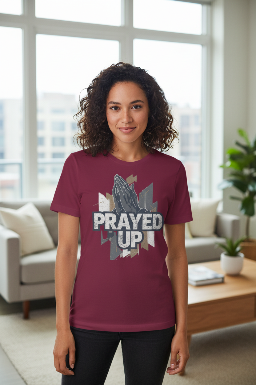 Woman wearing maroon Prayed Up t-shirt