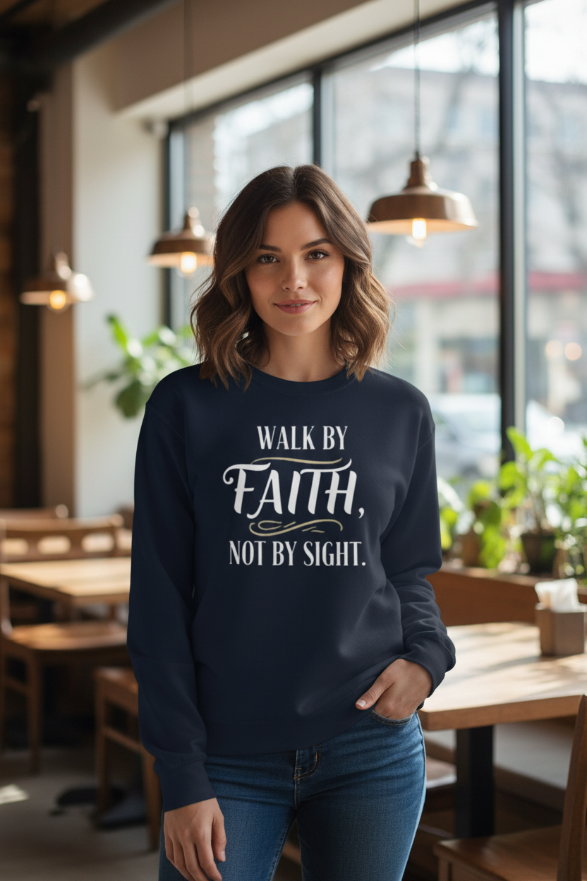 Woman wearing navy blazer Walk By Faith sweatshirt