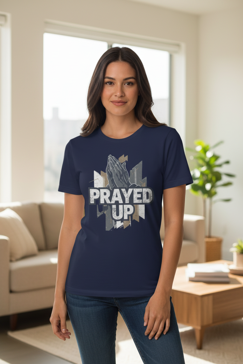 Woman wearing navy Prayed Up t-shirt