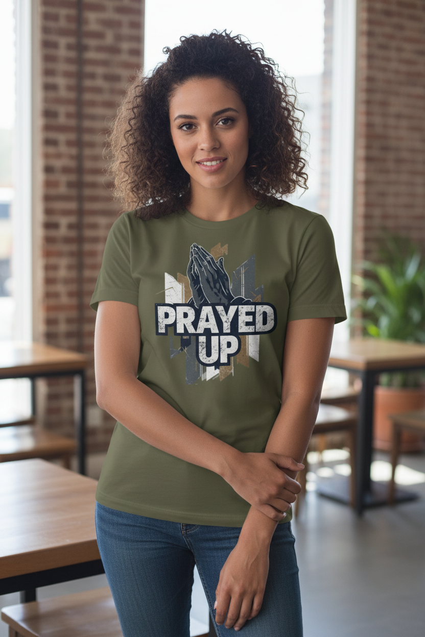 Woman wearing Prayed Up t-shirt