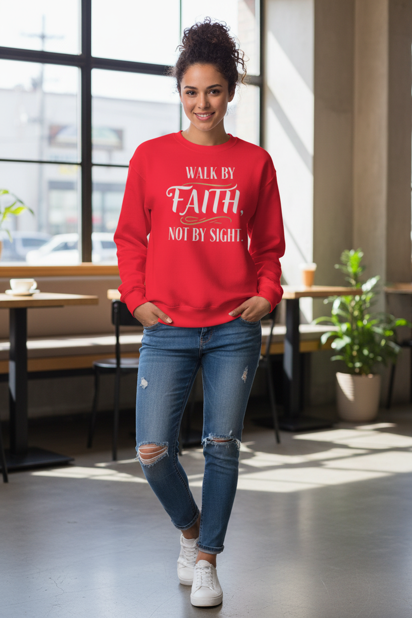 Woman wearing red Walk By Faith sweatshirt