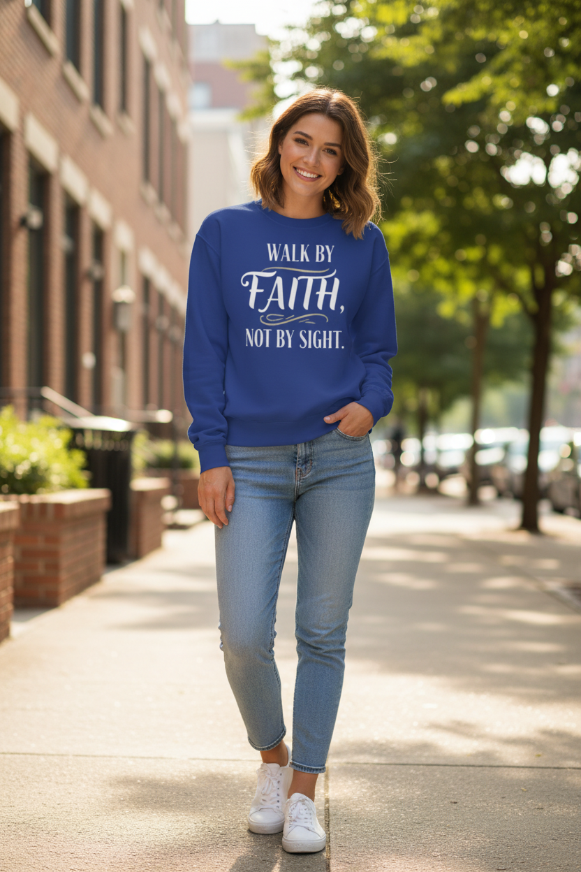 Woman wearing royal blue Walk By Faith sweatshirt