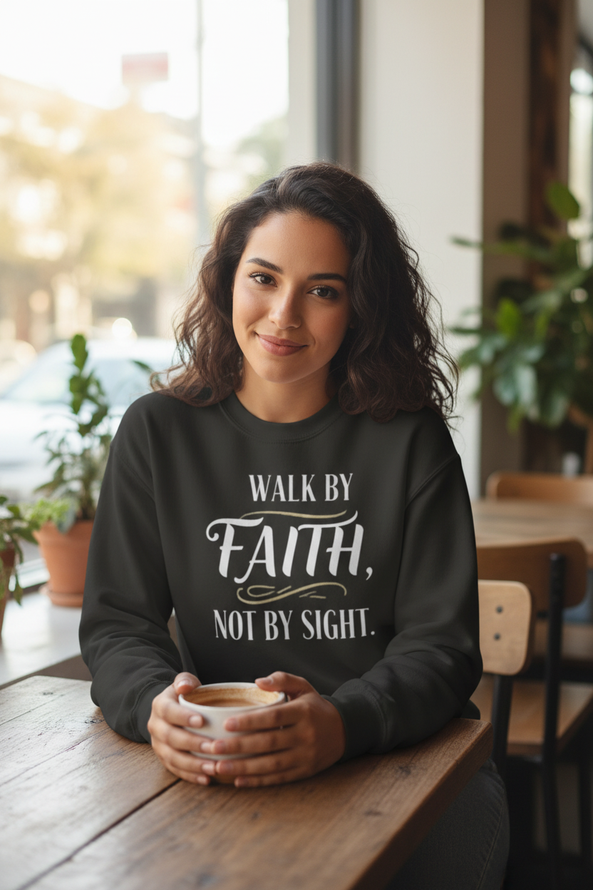 Woman wearing vintage black Walk By Faith sweatshirt