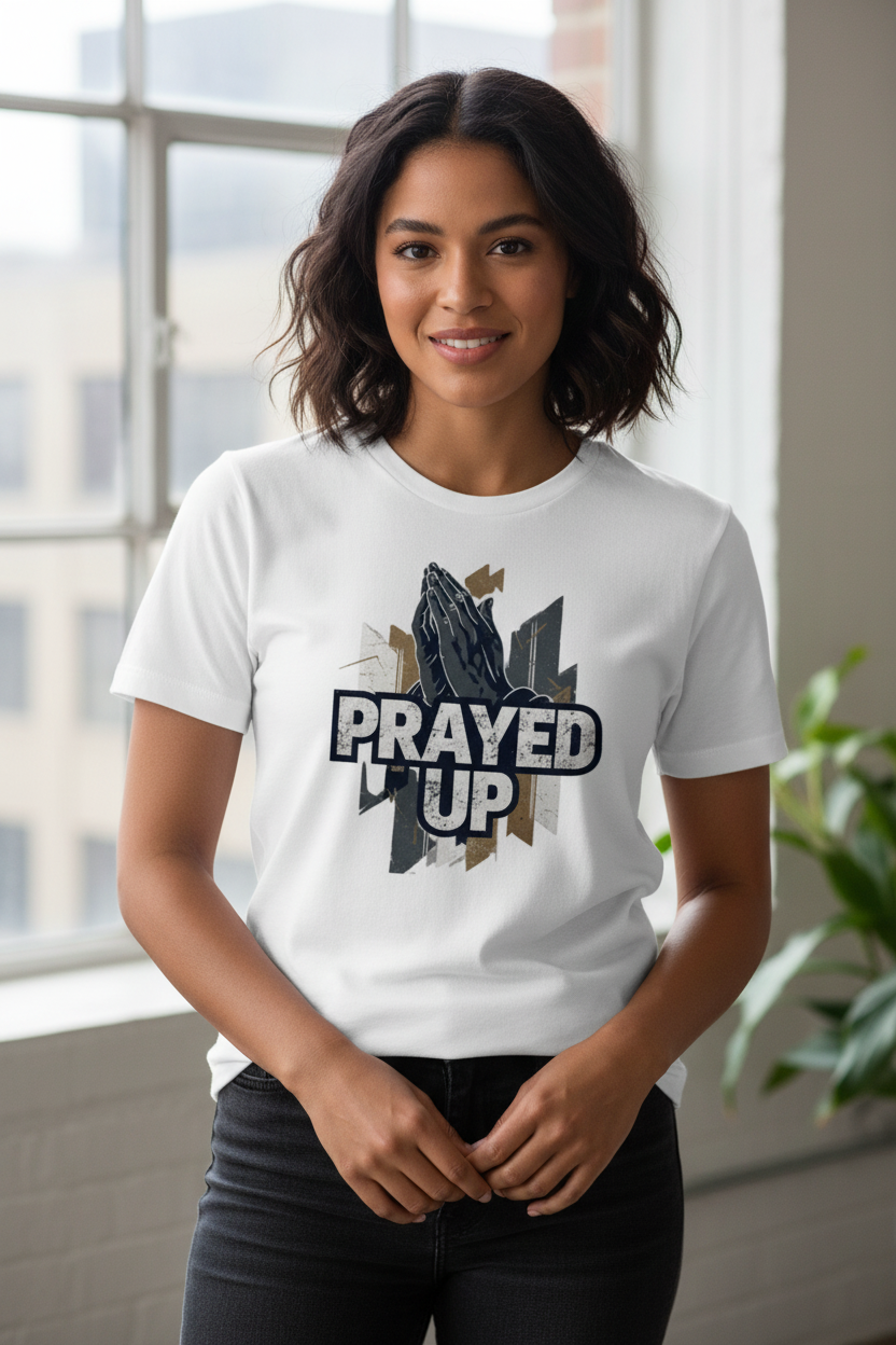 Woman wearing white Prayed Up t-shirt